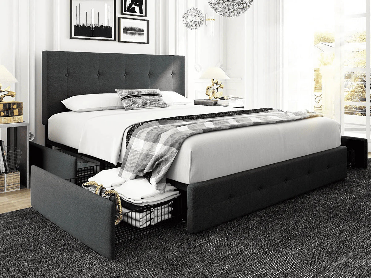 Queen Size Storage Bed Frame with 4 Drawers, Tufted Adjustable Headboard, Dark Grey V52317