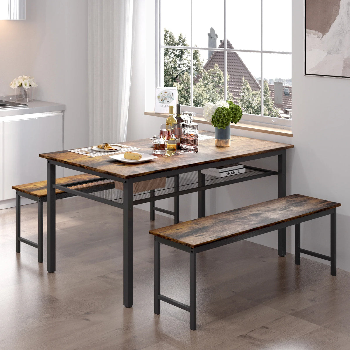 3 Piece Dining Table Set with 2 Benches F247