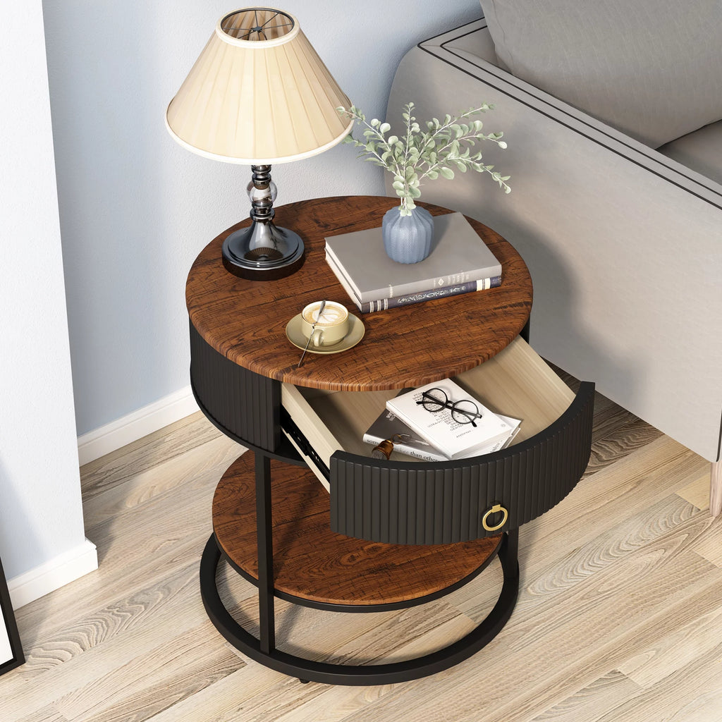 Black Metal 2-Tier Round End Table with Drawer W8811