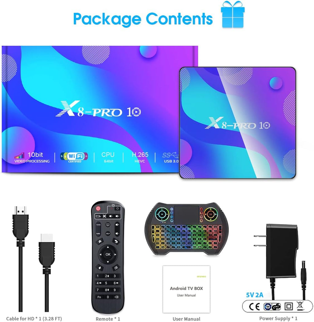 Android TV Box 4GB RAM 32GB ROM with Mini Wireless Backlit Keyboard, RK3318 Quad-Core 64 Bits Dual-WiFi 2.4GHz/5GHz BT 4.2 USB 3.0 3D 4K Pack of 2 O41263