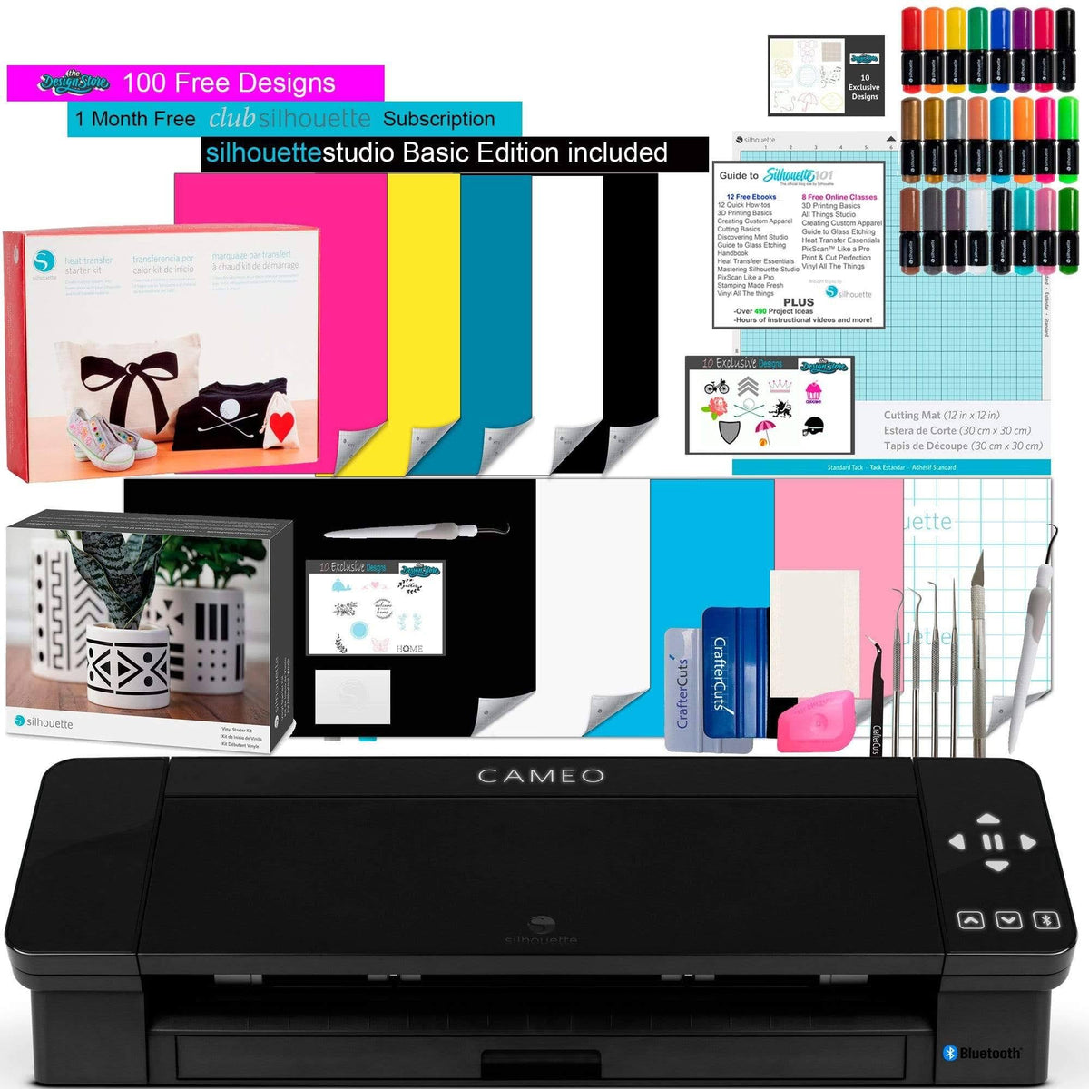 Silhouette Cameo 4 Black Bundle with Vinyl Starter Kit, Heat Transfer Starter Kit, 2 Autoblade-2, 24 Pack of Pens, CC Vinyl Tool K827878