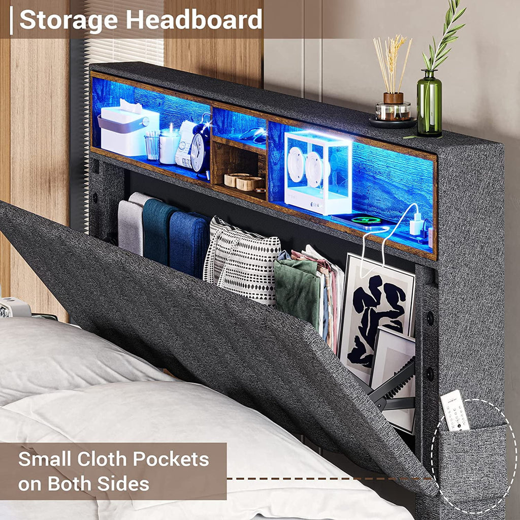 Dark Grey Queen Upholstered Platform Bed Frame with Storage Headboard M793502