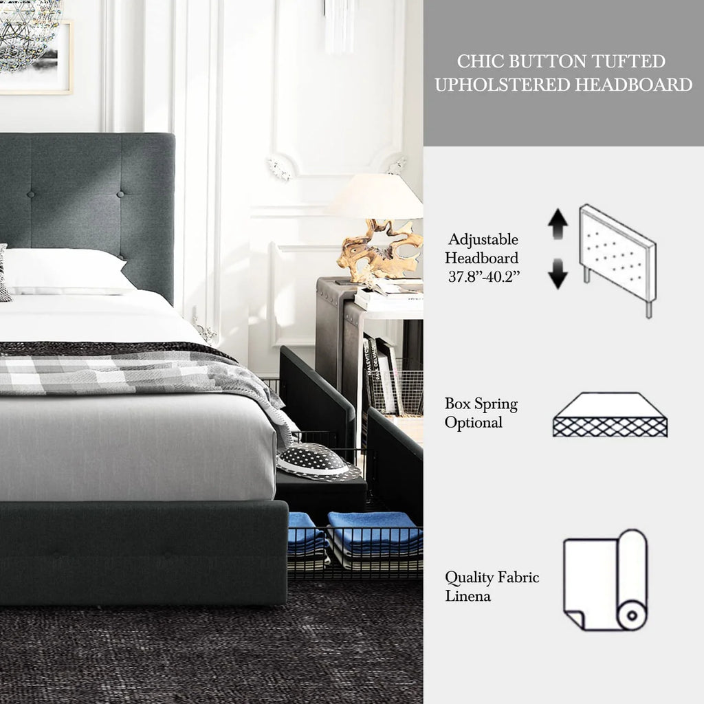 Queen Size Storage Bed Frame with 4 Drawers, Tufted Adjustable Headboard, Dark Grey V52317