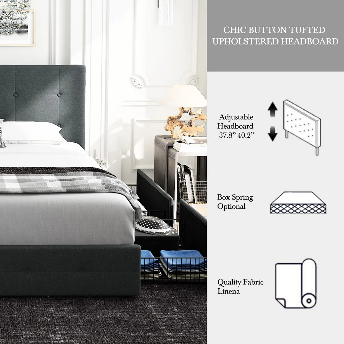 Queen Size Storage Bed Frame with 4 Drawers, Tufted Adjustable Headboard, Dark Grey V52317