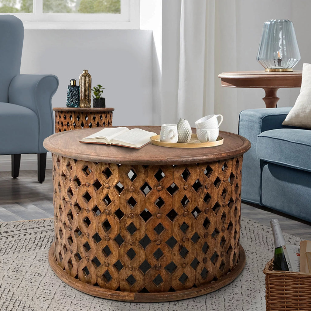 17 Inch 2 Piece Mango Wood Round Coffee Table and Side End Table Set Q660