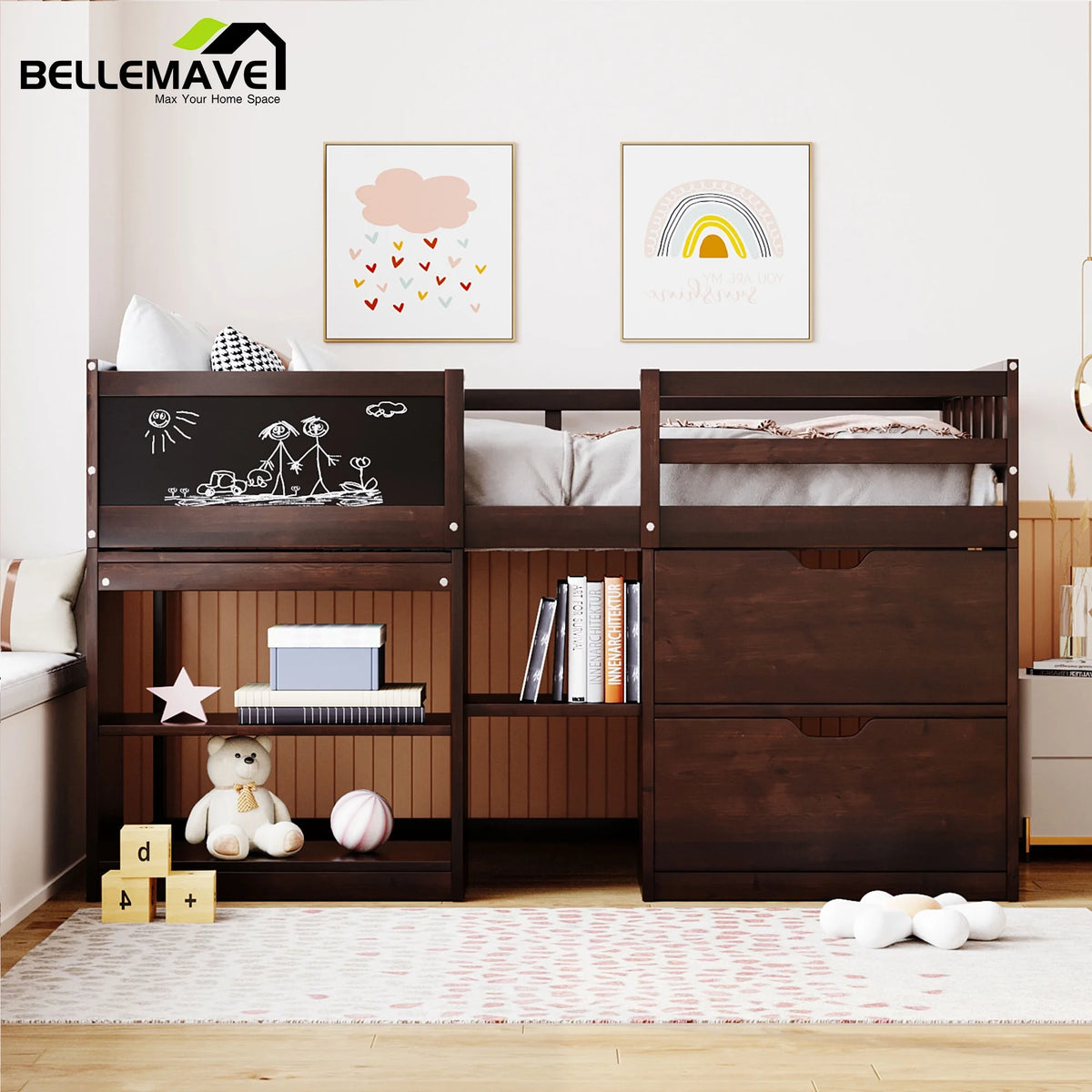Twin Size Loft Bed with Rolling Desk, Storage Shelves and Chalkboard M951