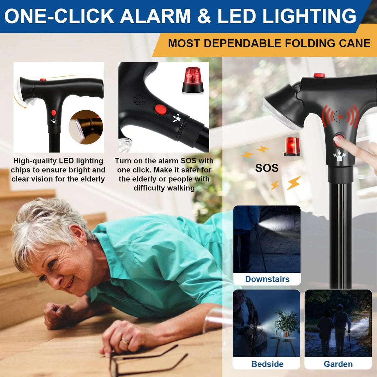 Folding Walking Canes with LED Flashlight and Fall Alarm S705