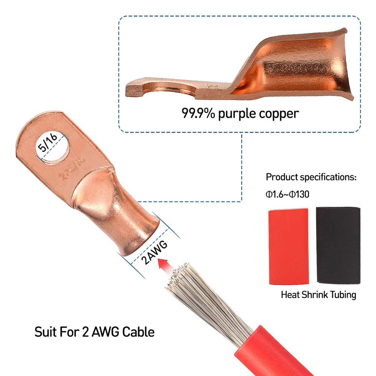 12PCS 2x5/16 Copper Ring Terminal Connectors 2 AWG Heavy Duty Battery Cable Ends Bare Copper Lugs with 12 PCS 3:1 Heat Shrink Tubing Y782465