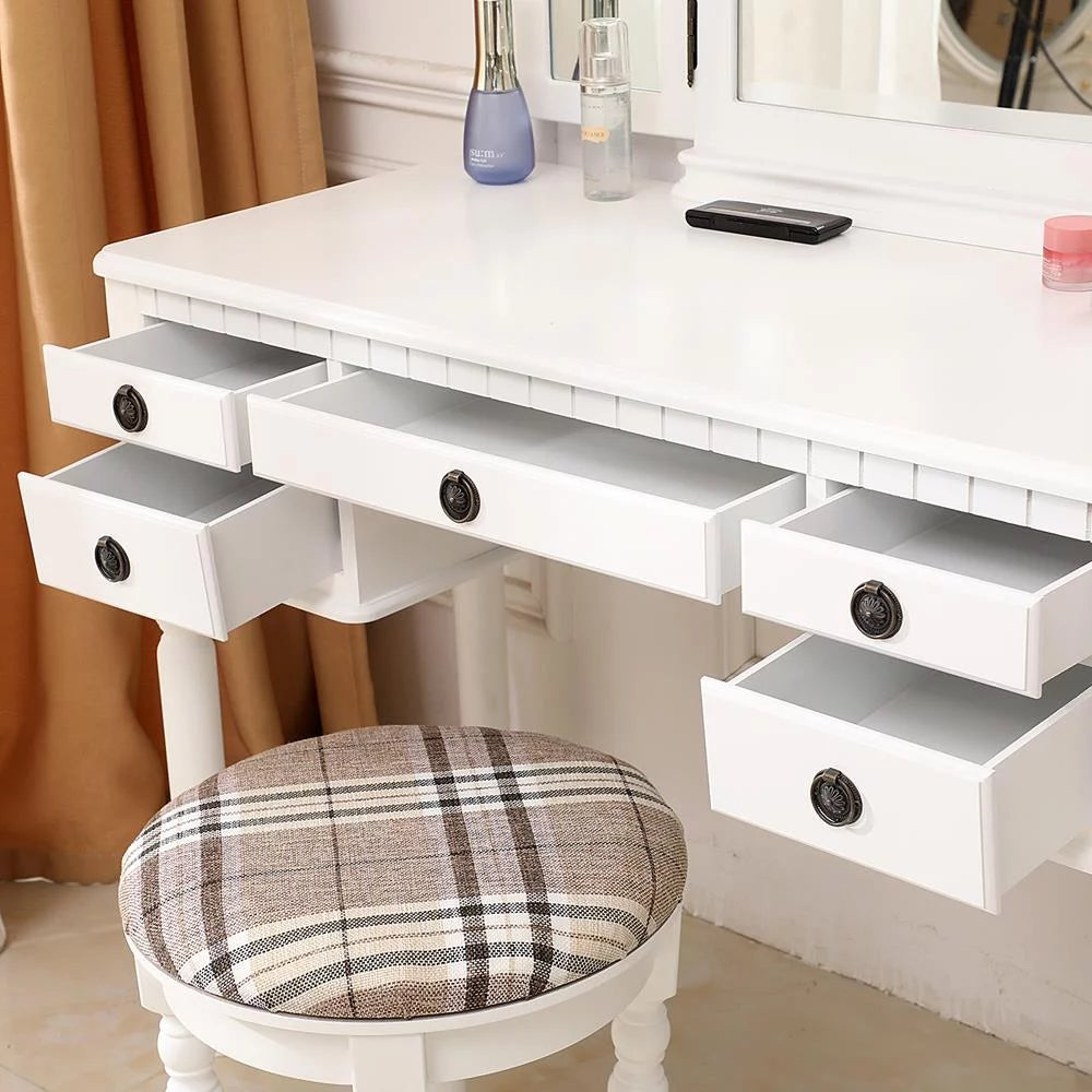 Tri-Folding Vanity Set with Cushioned Stool and 5 Storage Drawer H51776
