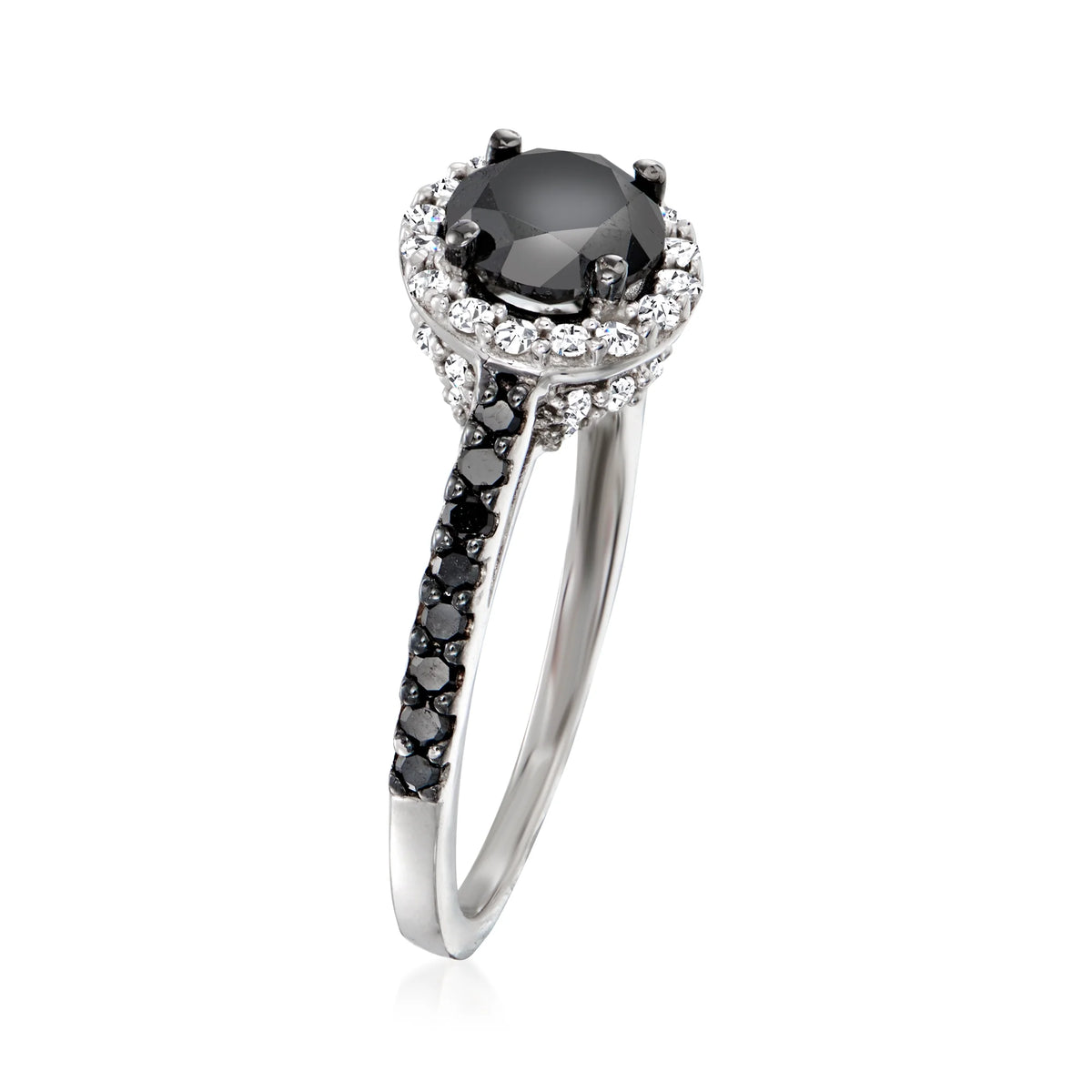 Black and White Diamond Halo Ring in Sterling Silver I209