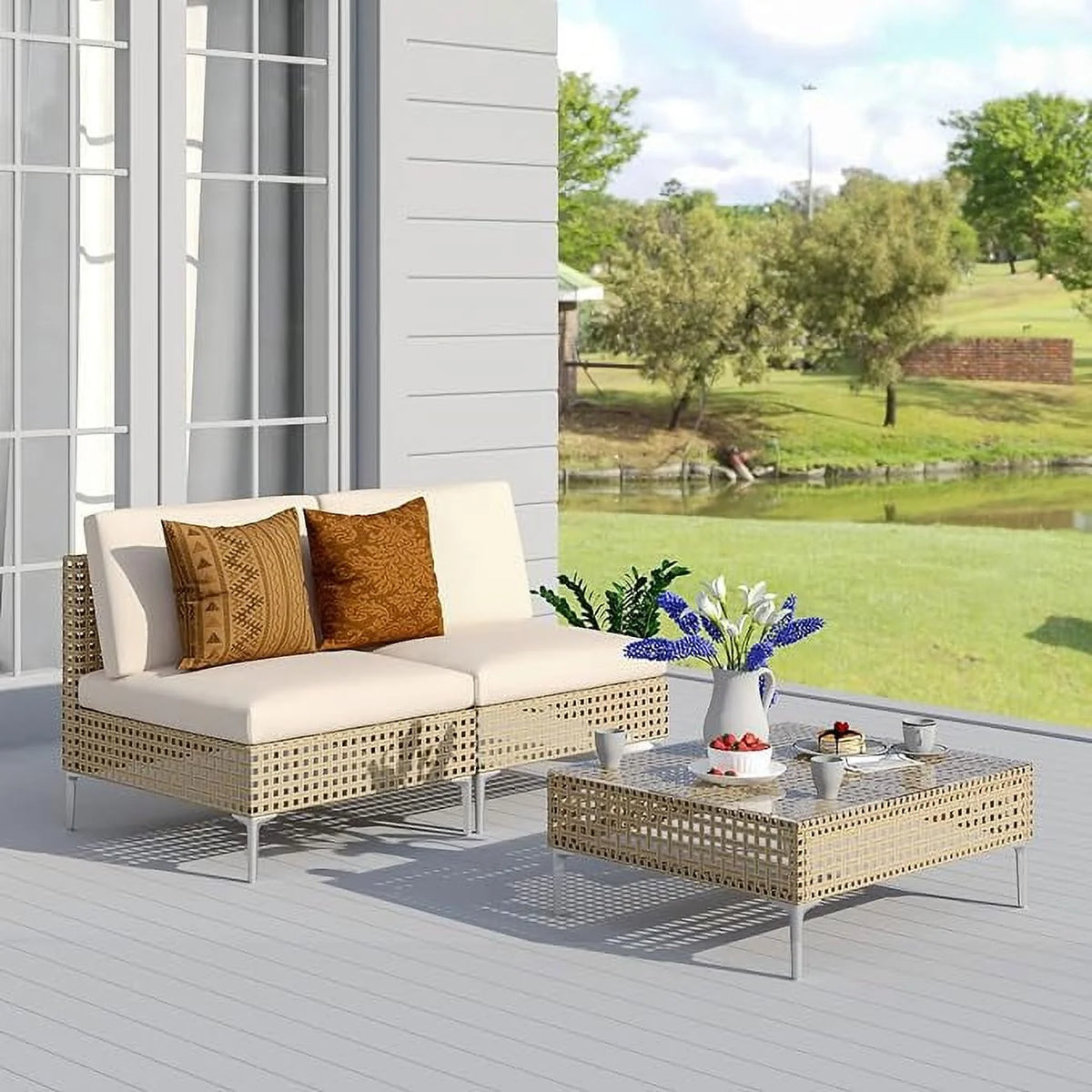 7-Piece Wicker Patio Furniture Set with Beige Cushions and Coffee Table M6473