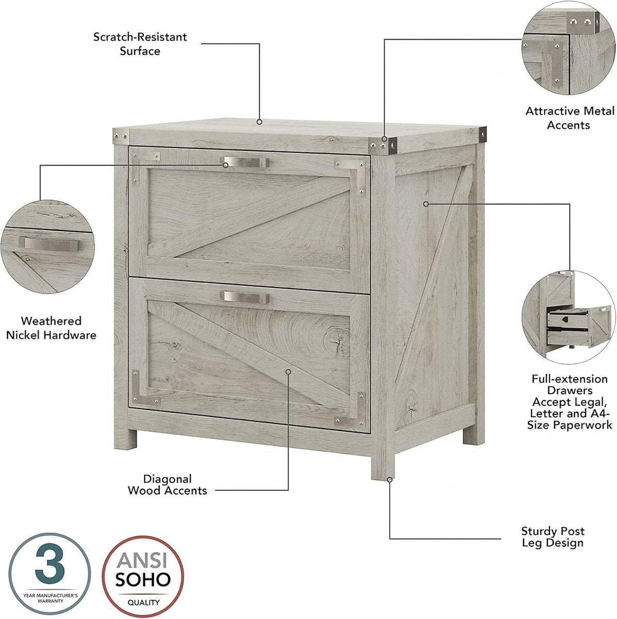 Cottage White 2 Drawer Lateral File Cabinet P256