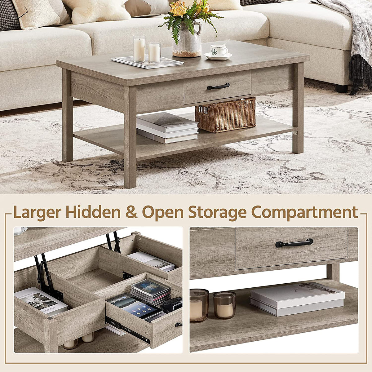 43in Lift Top Coffee Table with Storage Drawer I647