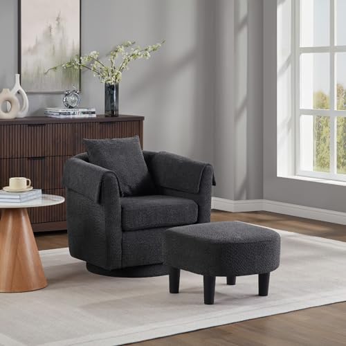 Black Chenille Swivel Accent Chair with Ottoman W963