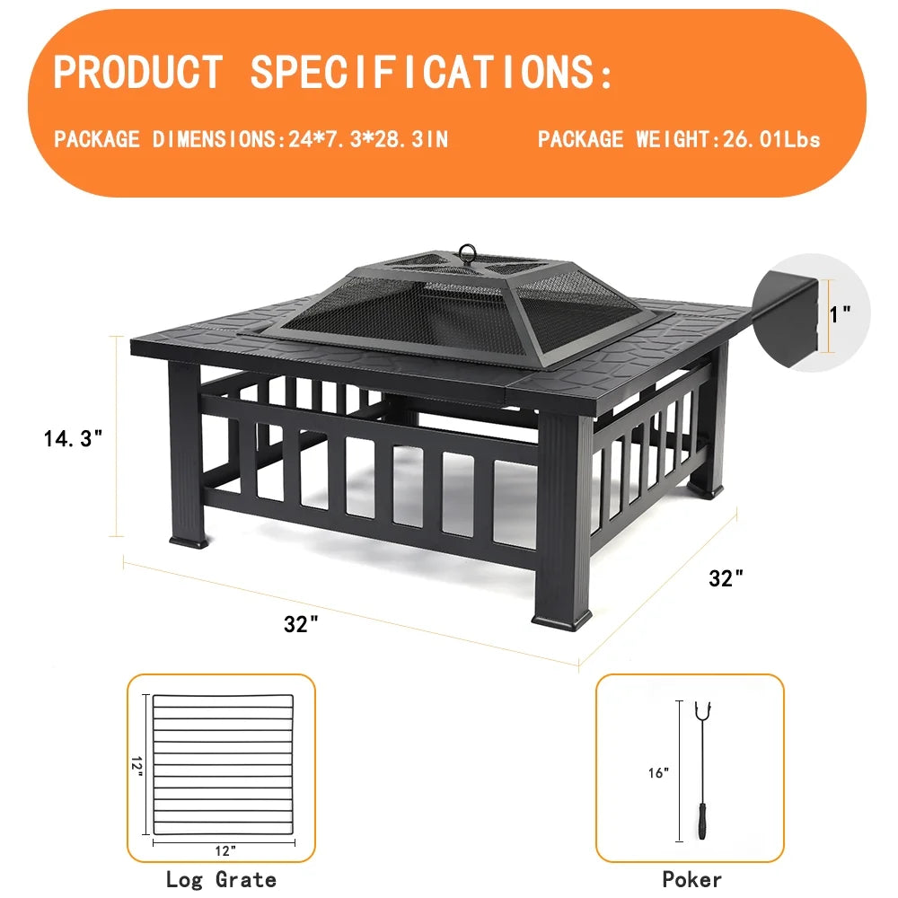 32 Square Metal Fire Pit Table with Spark Screen & Log Poker W4976