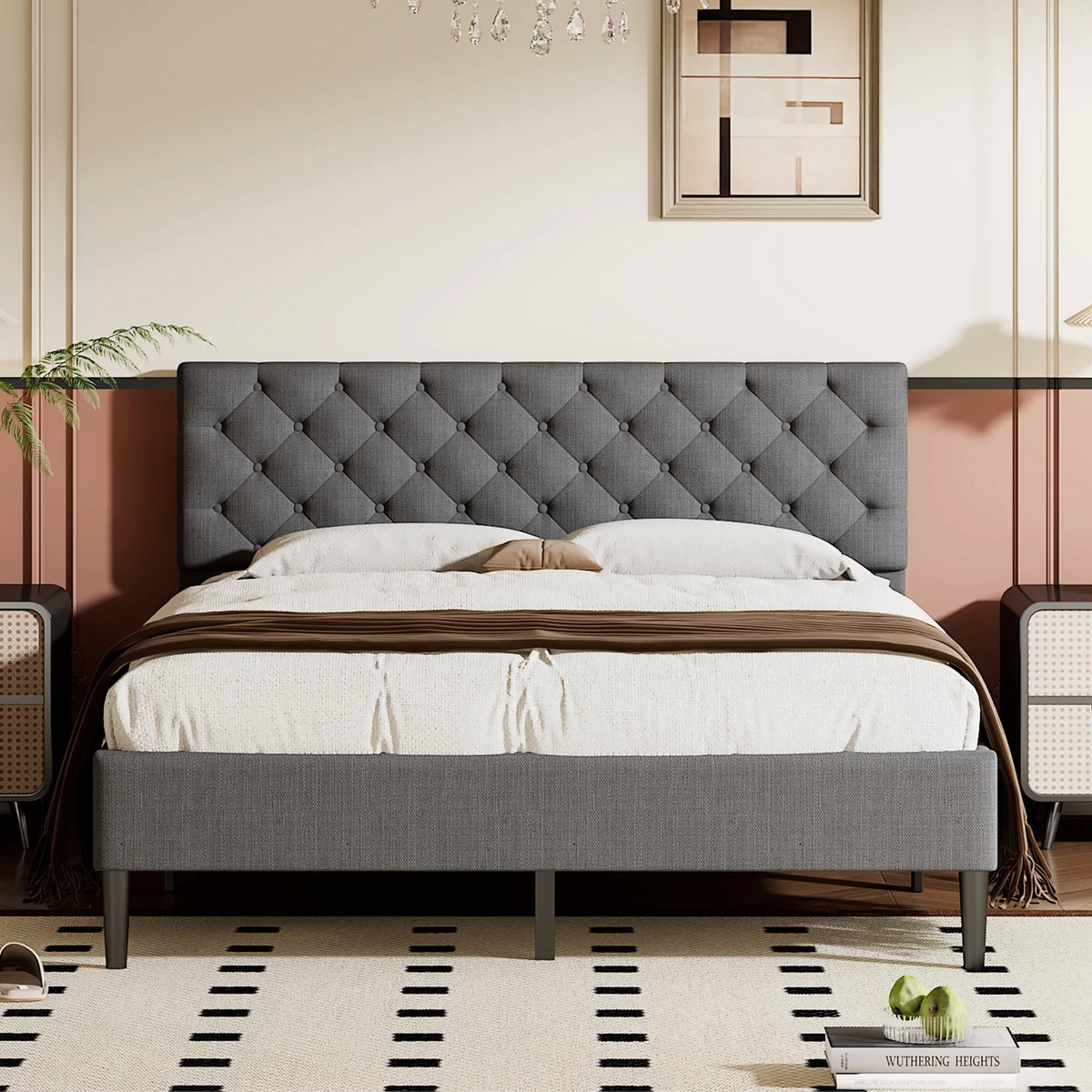 Beige Upholstered Fabric Queen Size Platform Bed Frame N921568