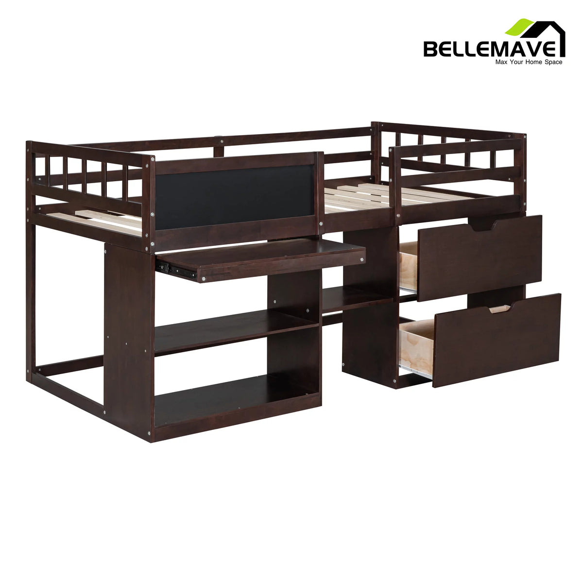 Twin Size Loft Bed with Rolling Desk, Storage Shelves and Chalkboard M951