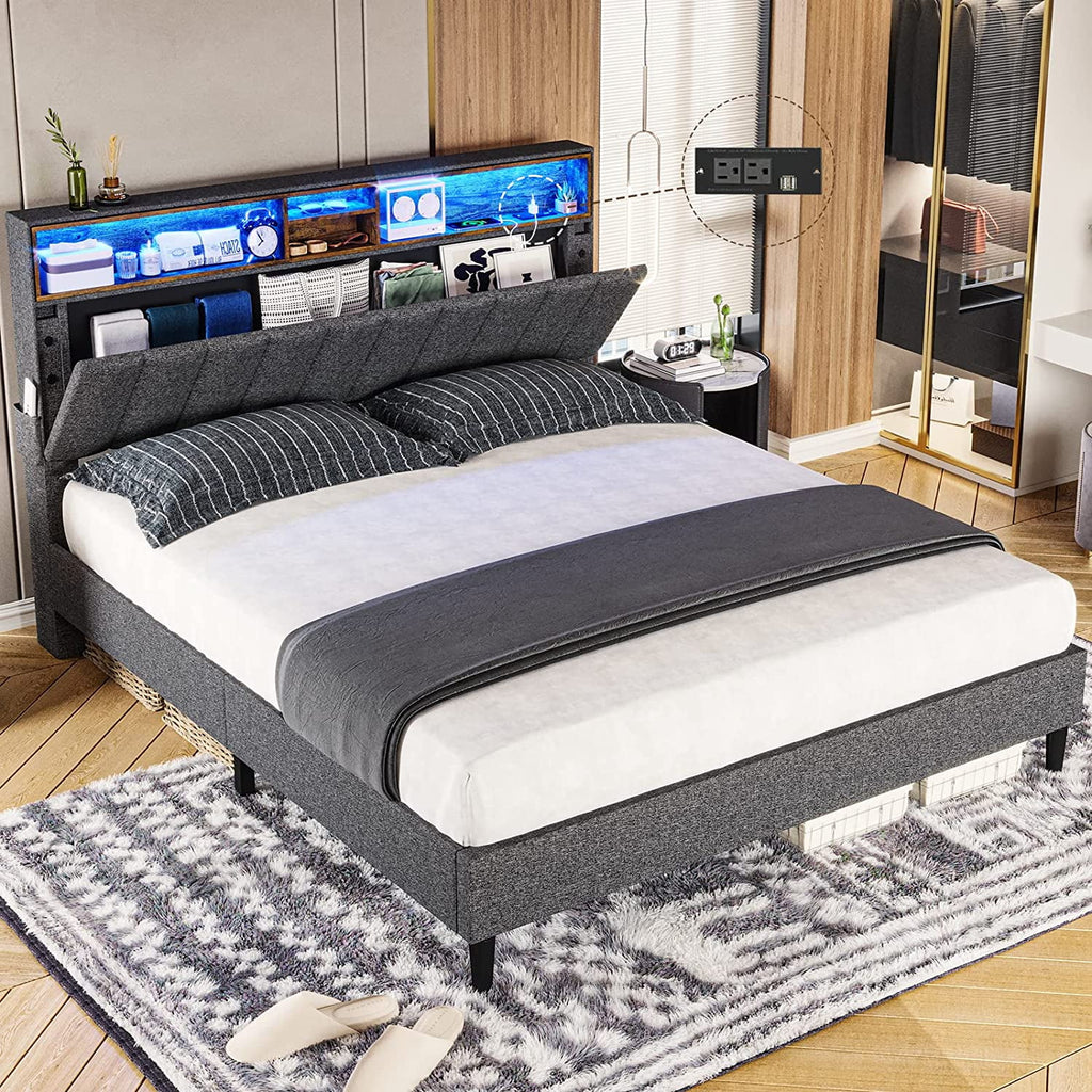 Dark Grey Queen Upholstered Platform Bed Frame with Storage Headboard M793502