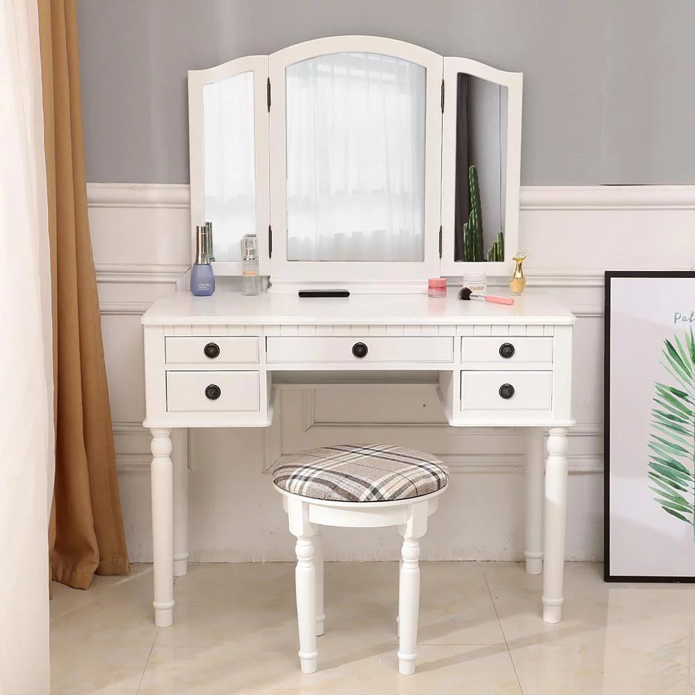 Tri-Folding Vanity Set with Cushioned Stool and 5 Storage Drawer H51776