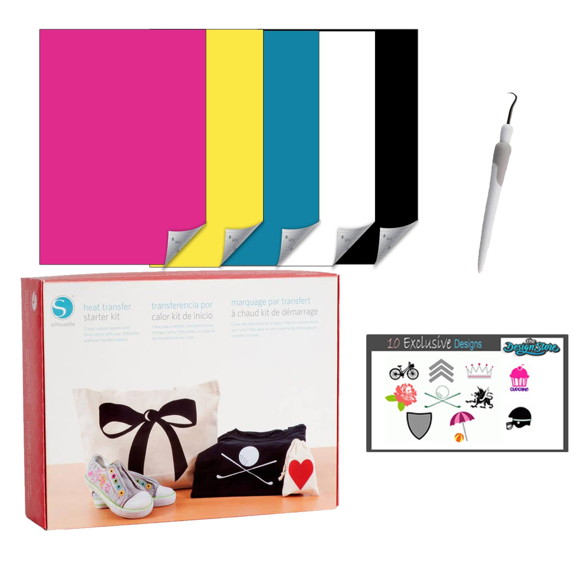 Silhouette Cameo 4 Black Bundle with Vinyl Starter Kit, Heat Transfer Starter Kit, 2 Autoblade-2, 24 Pack of Pens, CC Vinyl Tool K827878