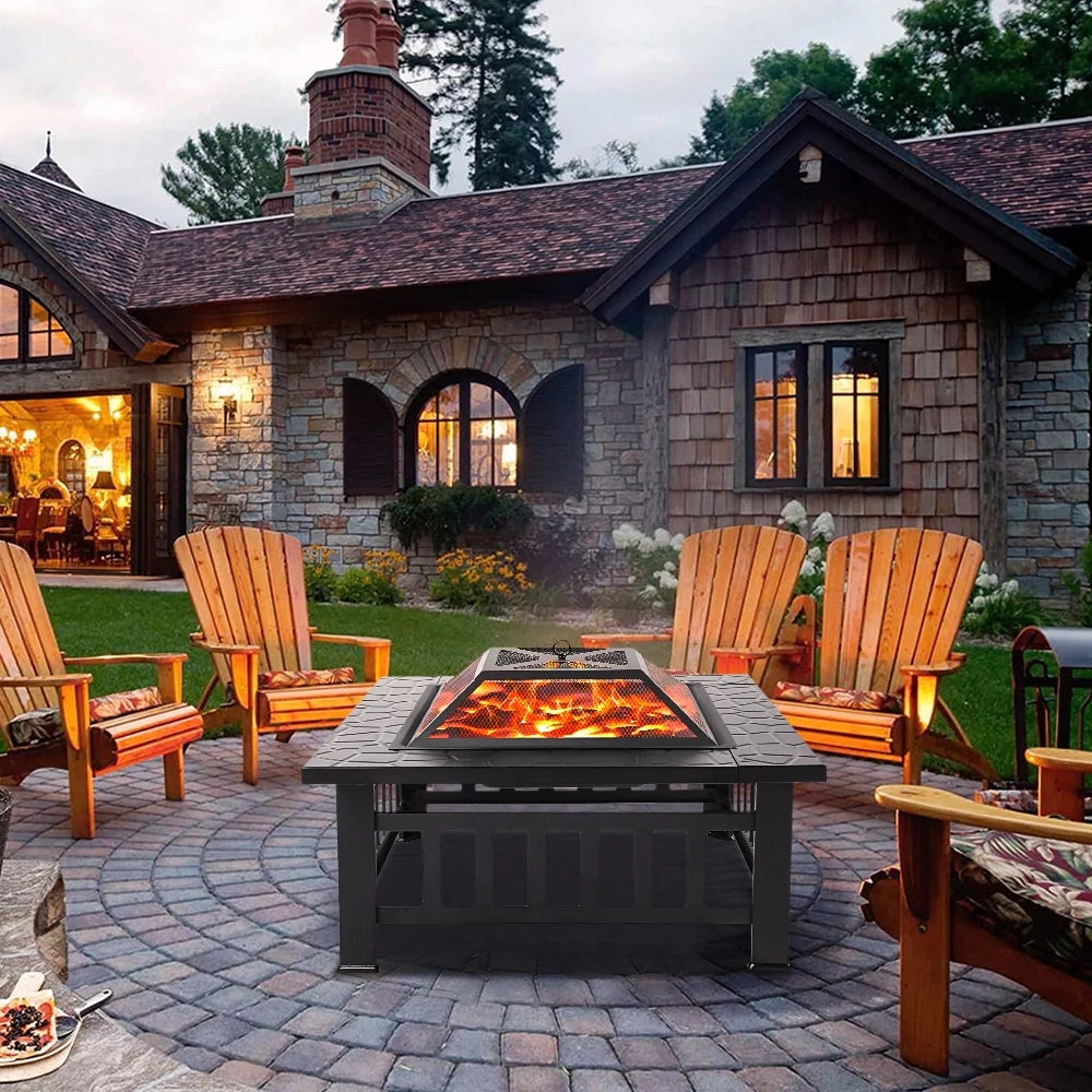32 Square Metal Fire Pit Table with Spark Screen & Log Poker W4976