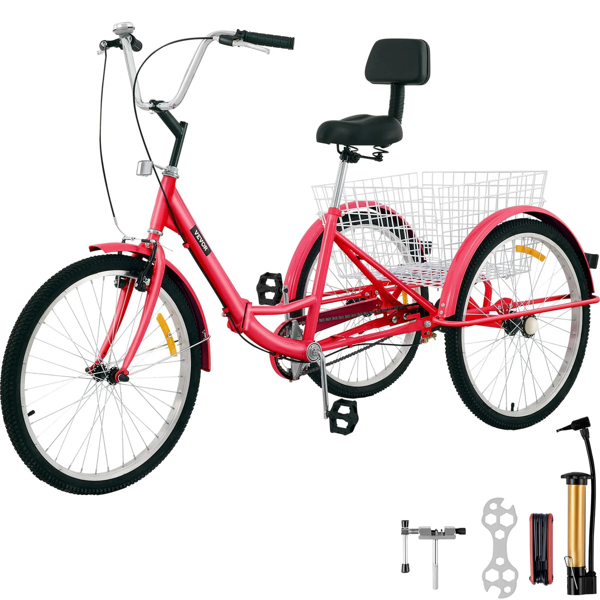 Foldable Tricycle 24 inch Wheels Red Trike with Basket A3832