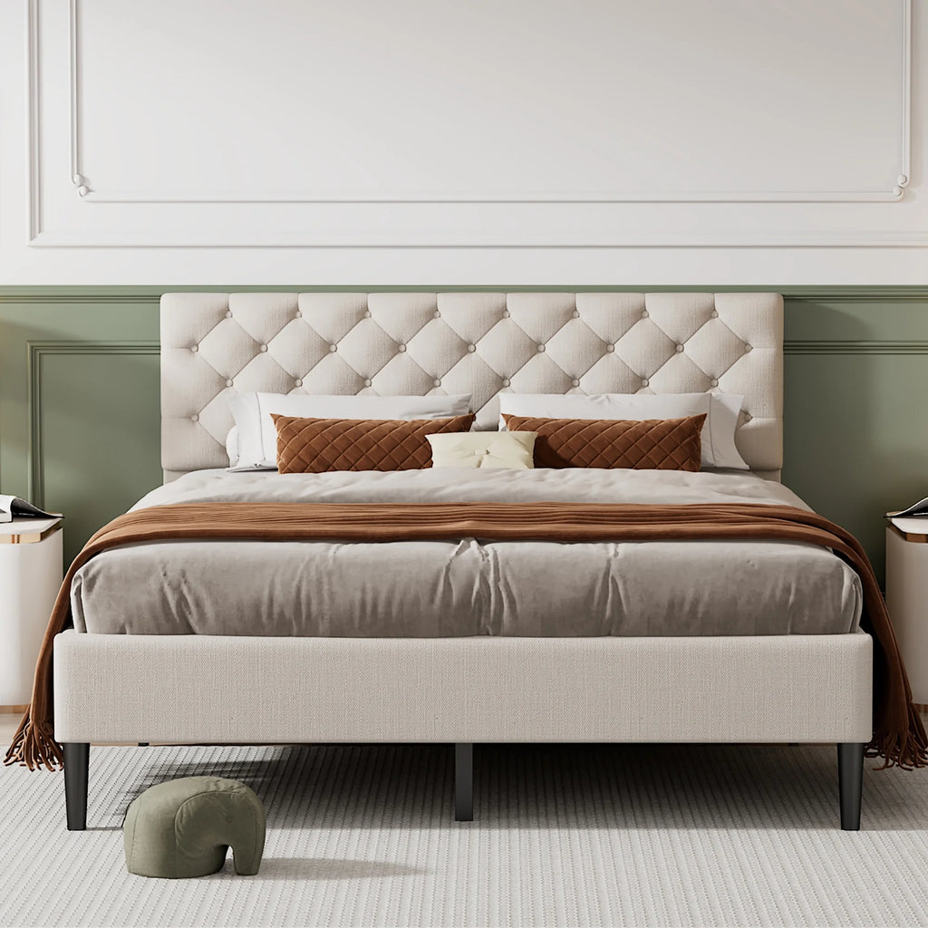 Beige Upholstered Fabric Queen Size Platform Bed Frame N921568