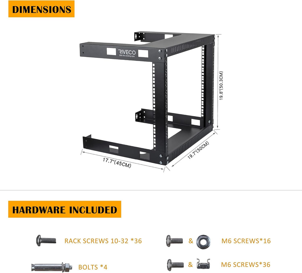 Black 12U 19 Wall Mount Server Rack, 17.7 Deep 2 Post Open Frame Cabinet H103097