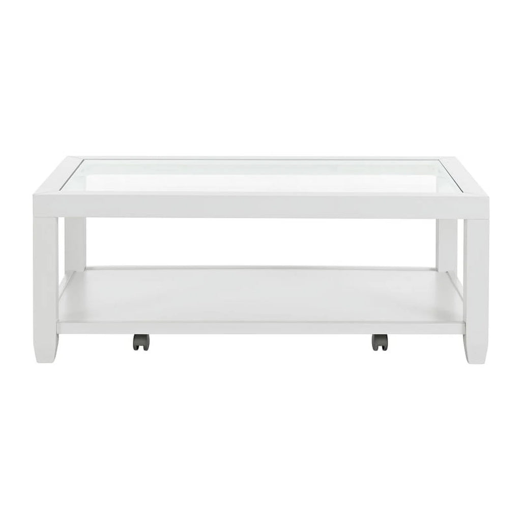 White Wood and Glass Top Coffee Table with Shelf Storage I703763