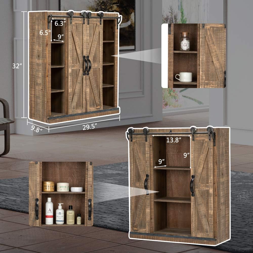 Rustic Wooden Wall Mounted Storage Cabinet with Sliding Barn Double Doors M34089