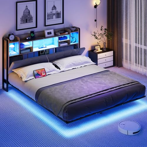 Gray Upholstered Floating Platform Bed with Charging Station I263