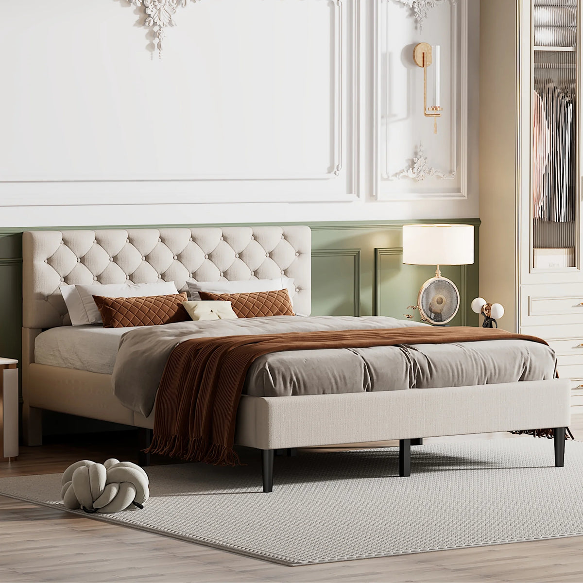 Beige Upholstered Fabric Queen Size Platform Bed Frame N921568