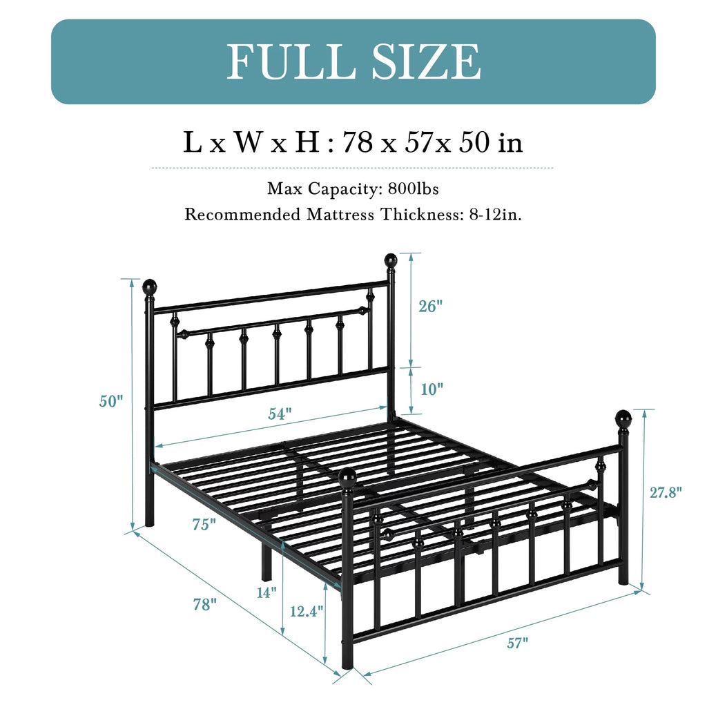 Full Size Black Iron Bed Frame with Headboard and Footboard B7896