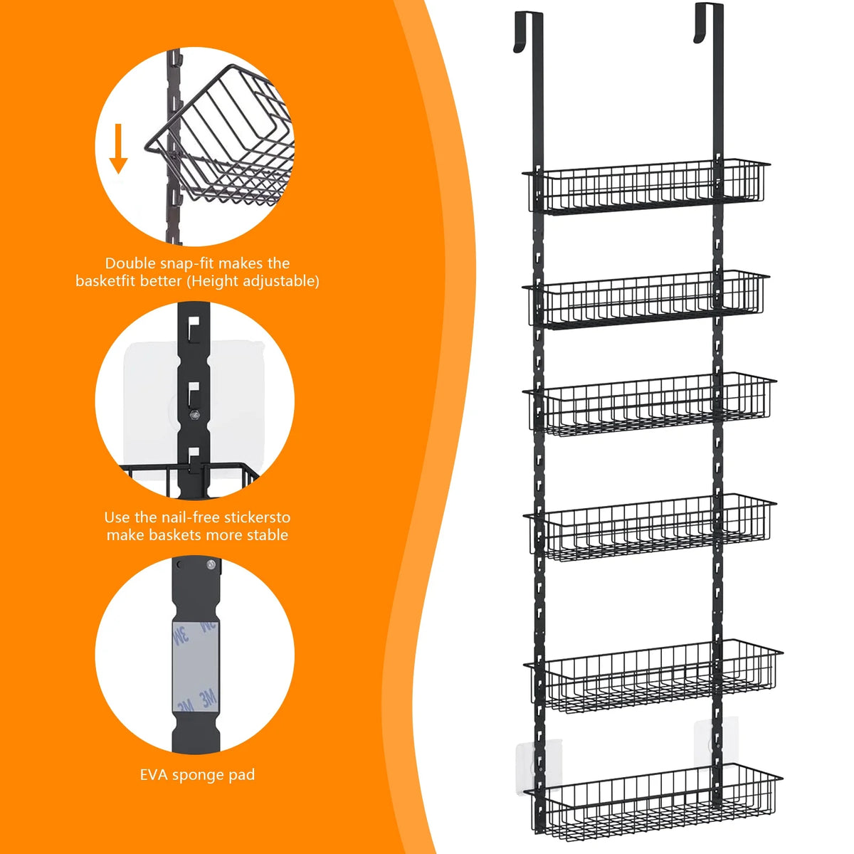 Black Over the Door Pantry Organizer with 6 Tier Adjustable Shelves V628
