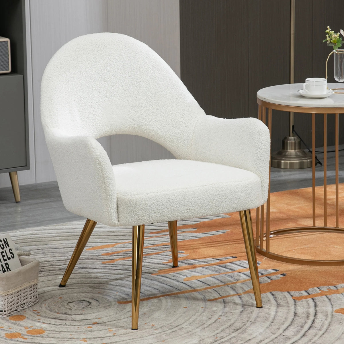 White Boucle Accent Chair with Gold Legs C2039