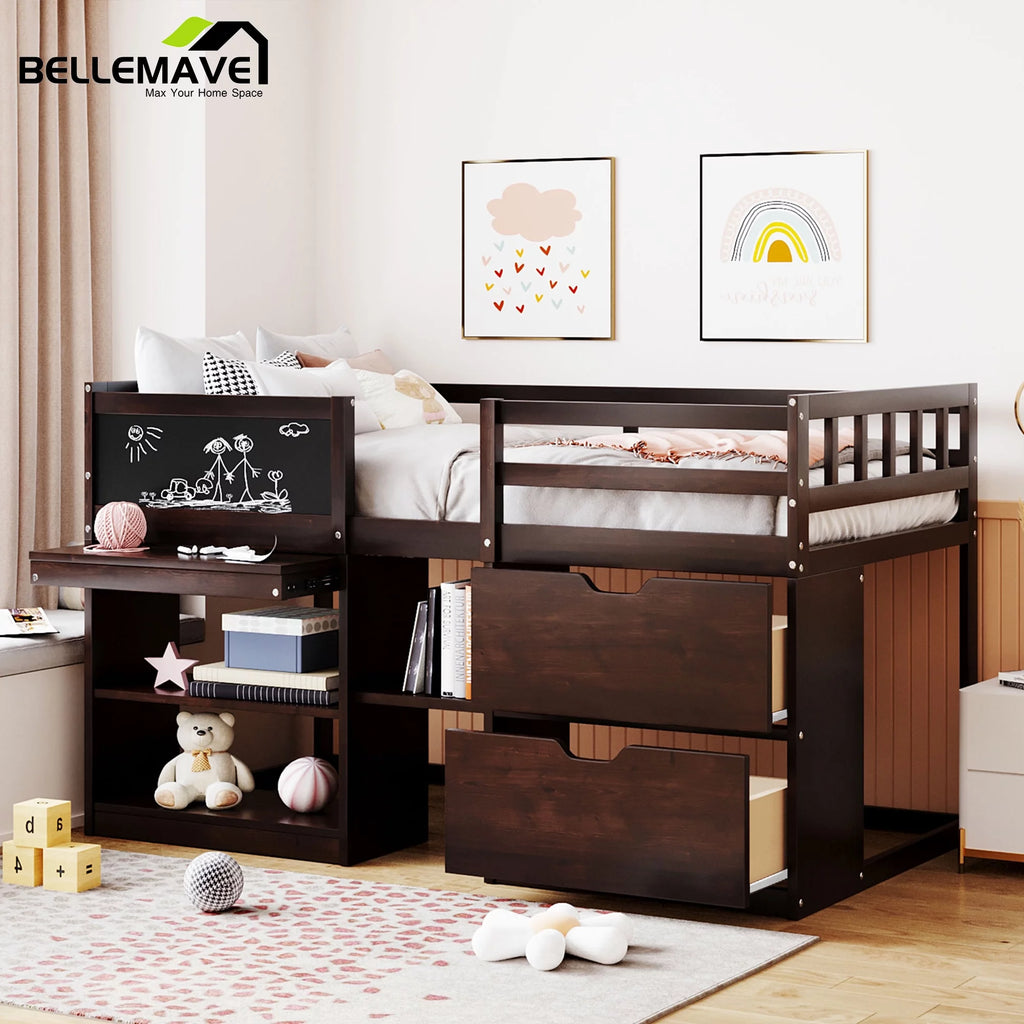 Twin Size Loft Bed with Rolling Desk, Storage Shelves and Chalkboard M951