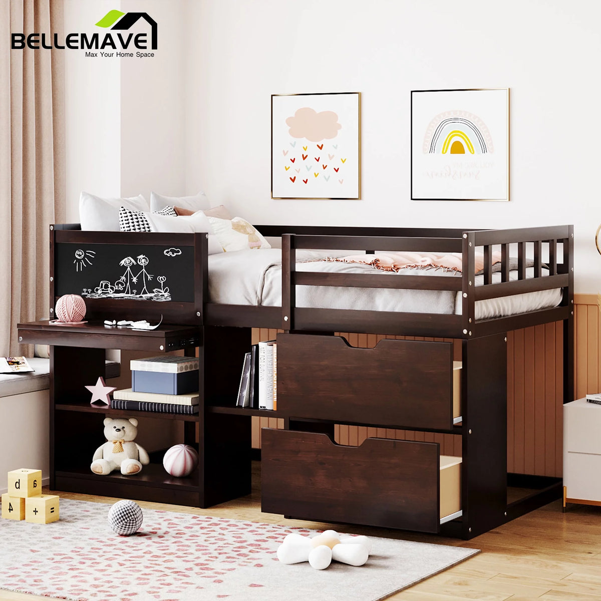 Twin Size Loft Bed with Rolling Desk, Storage Shelves and Chalkboard M951