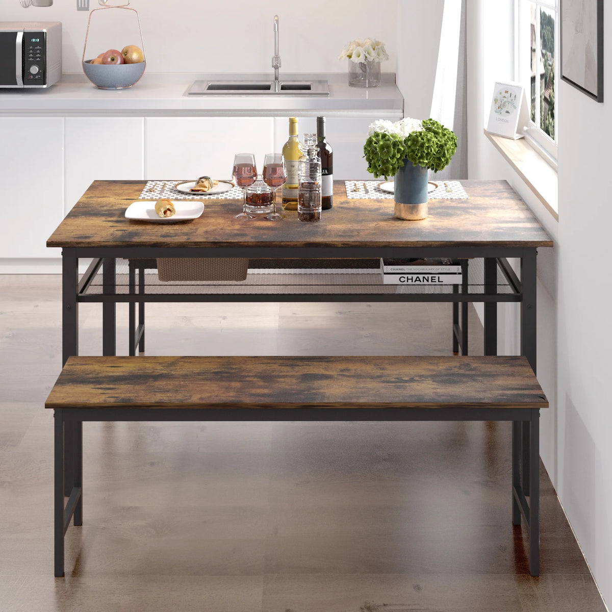 3 Piece Dining Table Set with 2 Benches F247