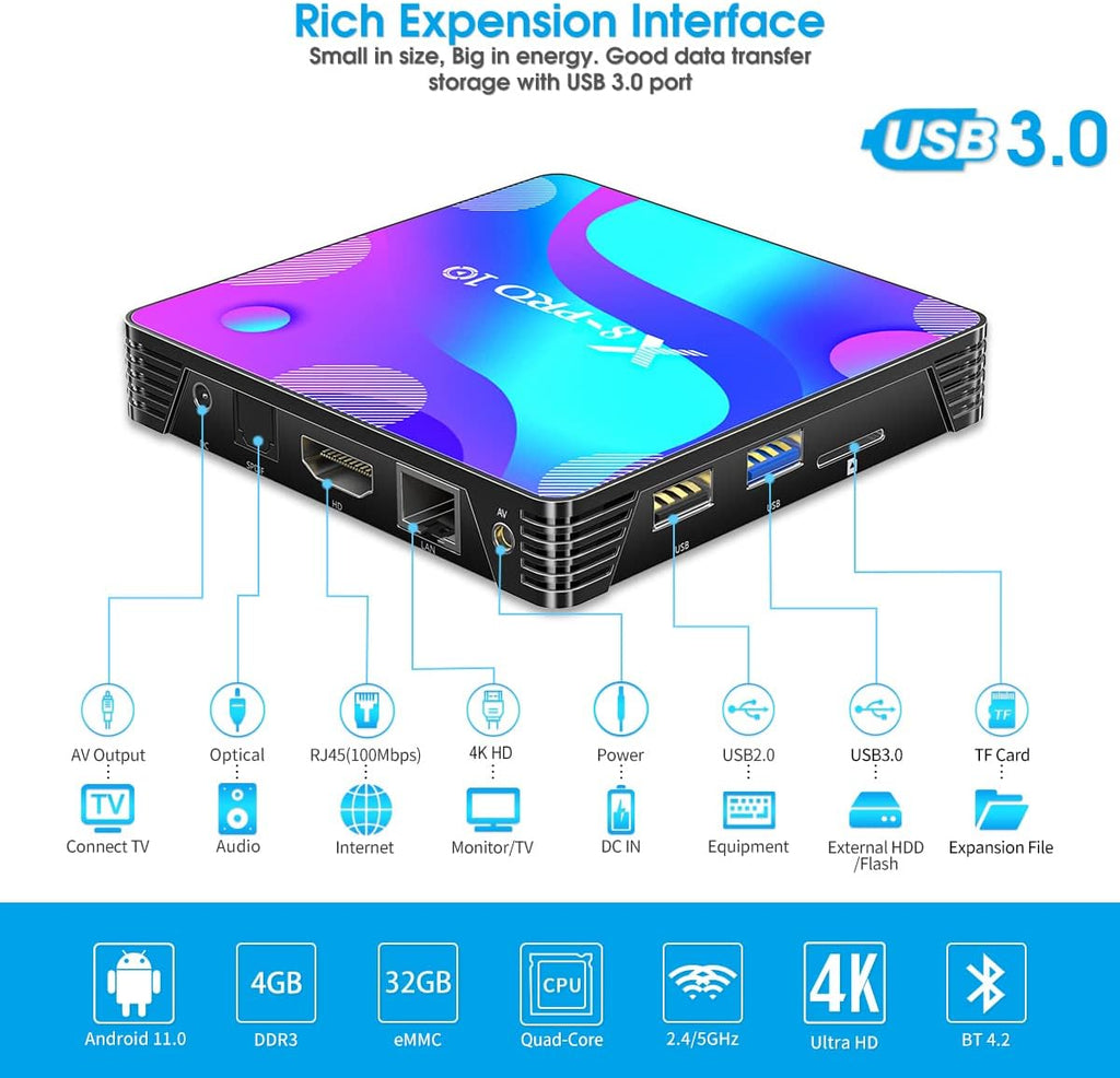 Android TV Box 4GB RAM 32GB ROM with Mini Wireless Backlit Keyboard, RK3318 Quad-Core 64 Bits Dual-WiFi 2.4GHz/5GHz BT 4.2 USB 3.0 3D 4K Pack of 2 O41263