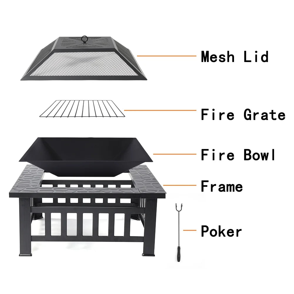 32 Square Metal Fire Pit Table with Spark Screen & Log Poker W4976