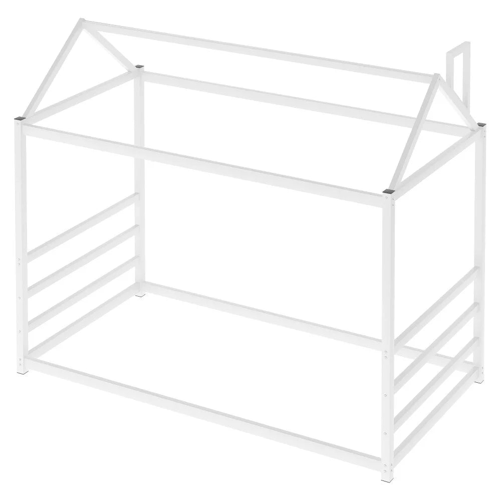 White Twin Size House Platform Bed with Roof and Chimney X461