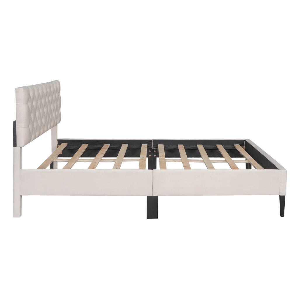 Beige Upholstered Fabric Queen Size Platform Bed Frame N921568