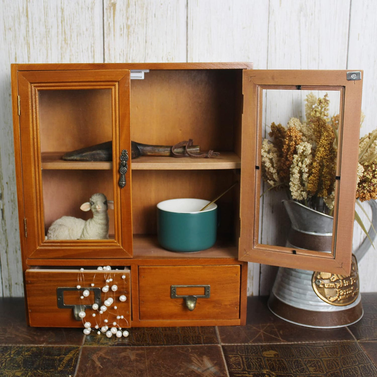 Wooden Storage Cabinet with Glass Double Doors and Adjustable Shelf and Two Drawers H469
