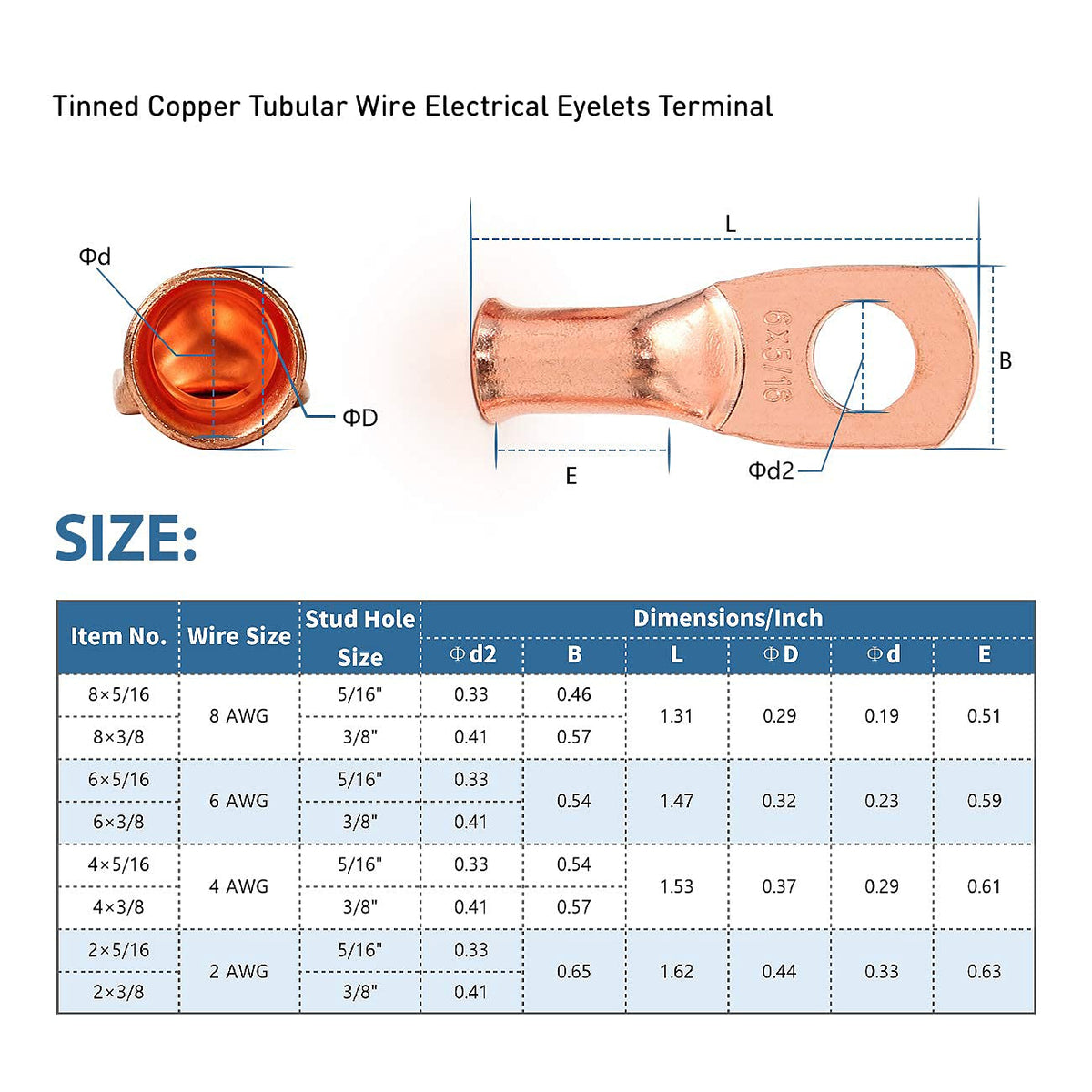 12PCS 2x5/16 Copper Ring Terminal Connectors 2 AWG Heavy Duty Battery Cable Ends Bare Copper Lugs with 12 PCS 3:1 Heat Shrink Tubing Y782465