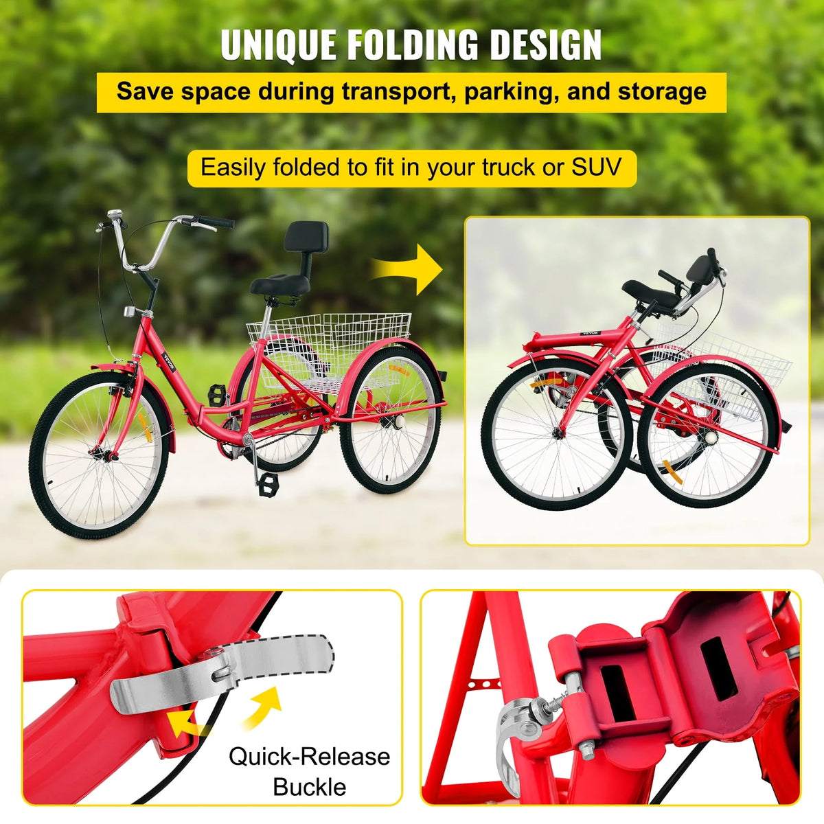 Foldable Tricycle 24 inch Wheels Red Trike with Basket A3832