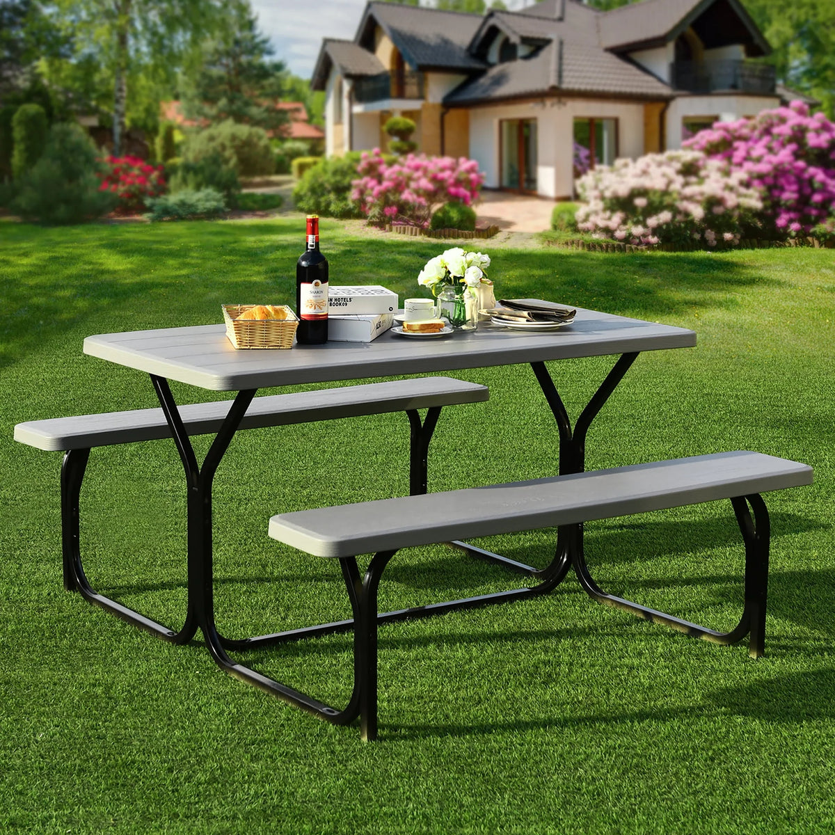 Black Outdoor Picnic Table Bench Set L830287