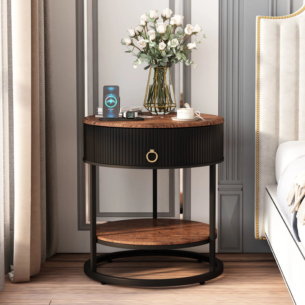 Black Metal 2-Tier Round End Table with Drawer W8811