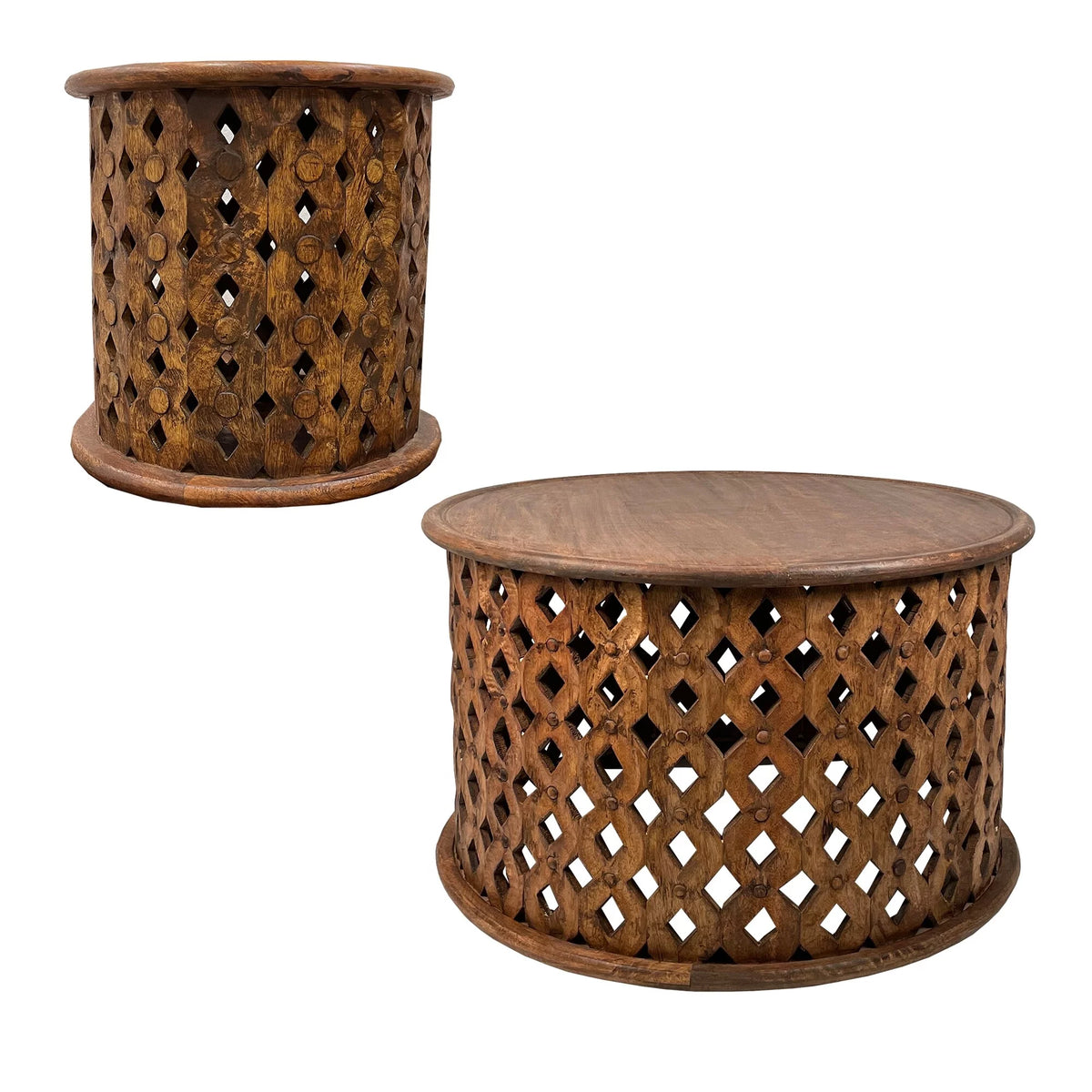 17 Inch 2 Piece Mango Wood Round Coffee Table and Side End Table Set Q660