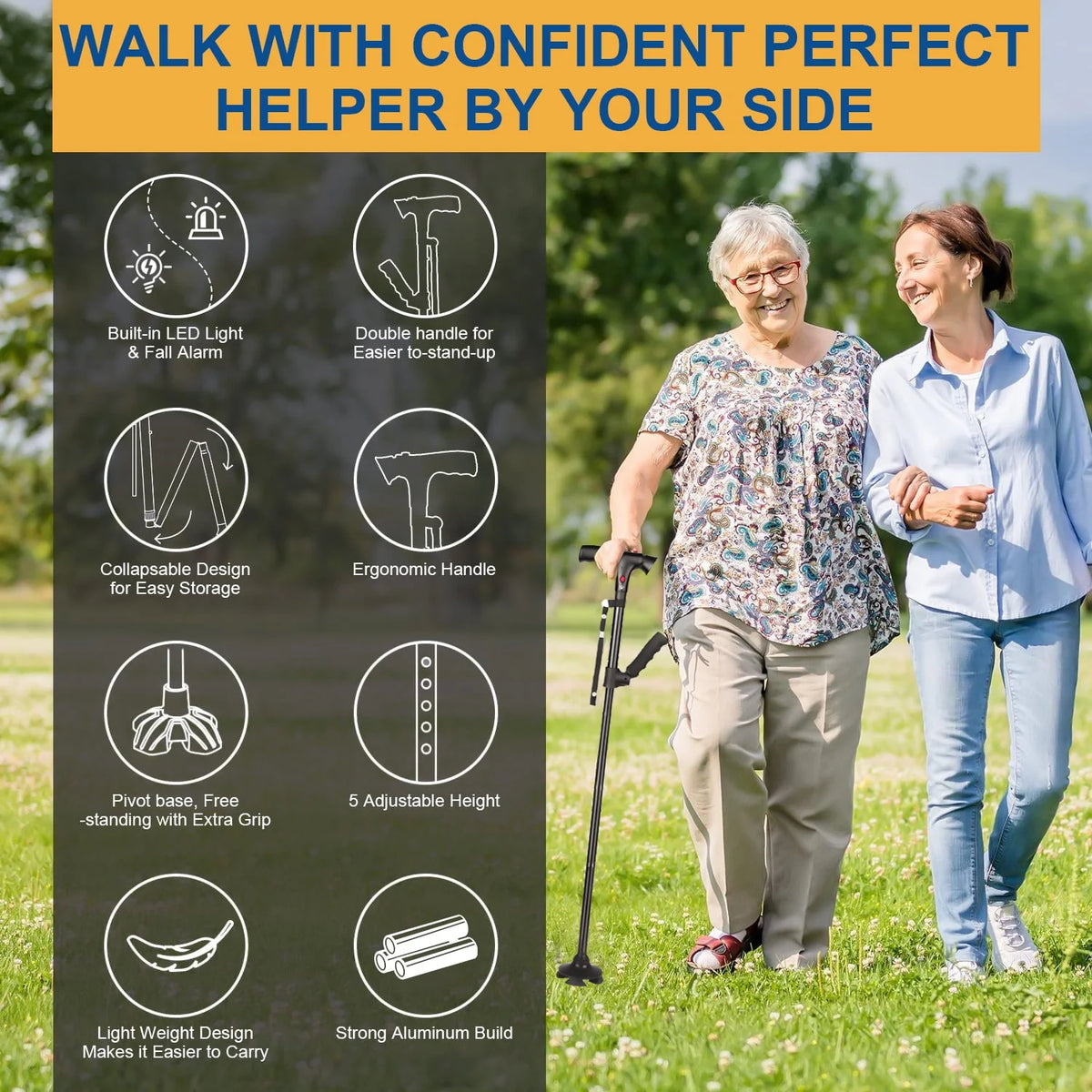 Folding Walking Canes with LED Flashlight and Fall Alarm S705