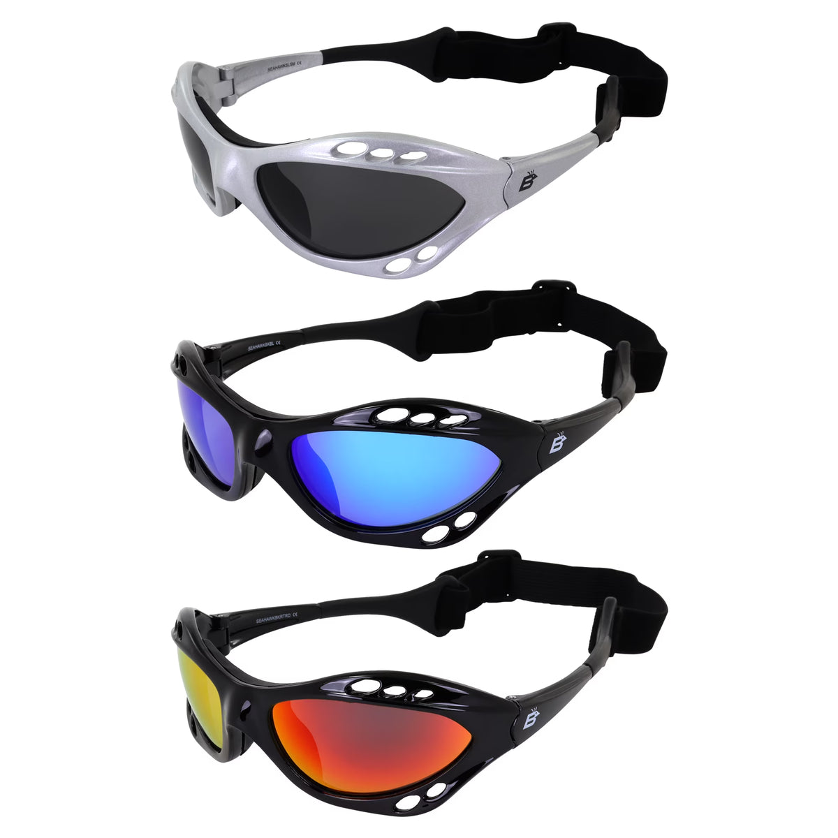3 Pairs Padded Polarized Sunglasses w/Strap Silver Frame w/Smoke Lens & Black Frames w/Blue & Red Mirror Lenses V949